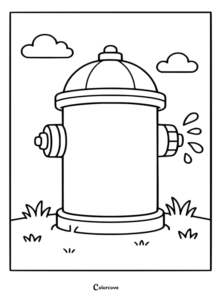 A simple line art coloring page featuring a cartoon fire hydrant with water droplets spraying from the side nozzle, set against a grassy background with two fluffy clouds.