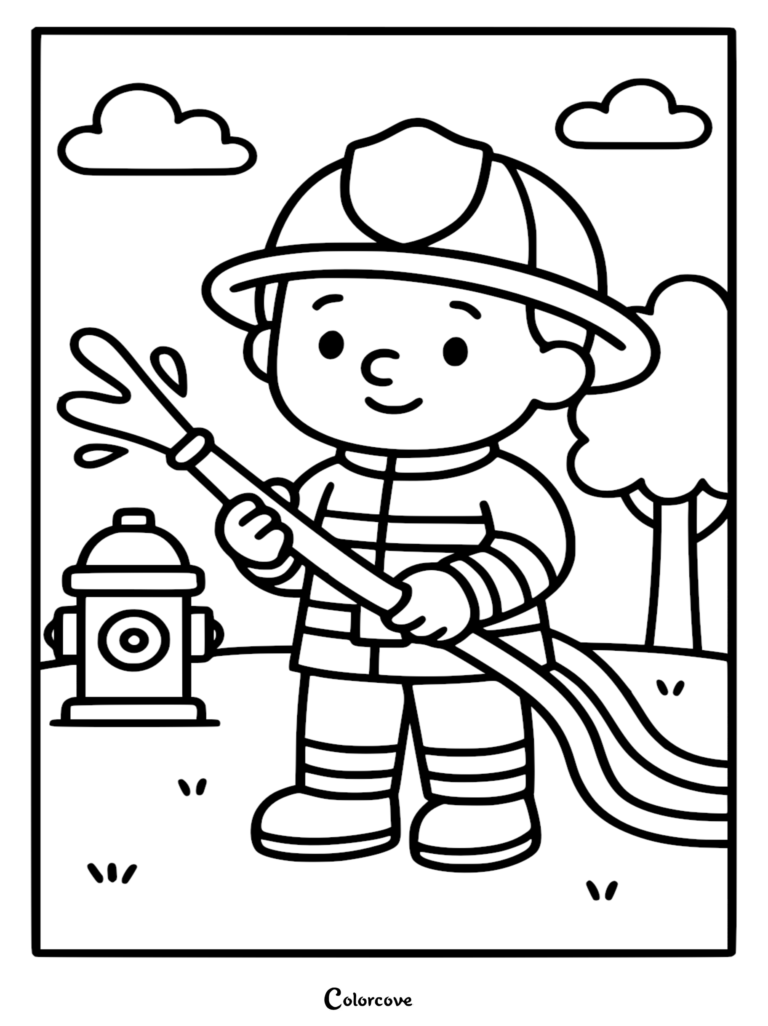 A cute firefighter wearing a helmet and uniform holding a water hose next to a fire hydrant in this printable coloring page.