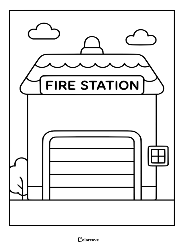A simple line art coloring page of a fire station building with a large garage door, a sign reading FIRE STATION, and two clouds in the sky.
