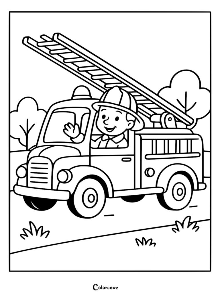 Fireman Sam wearing a helmet and waving from the driver seat of a fire engine with a ladder, printable coloring page.