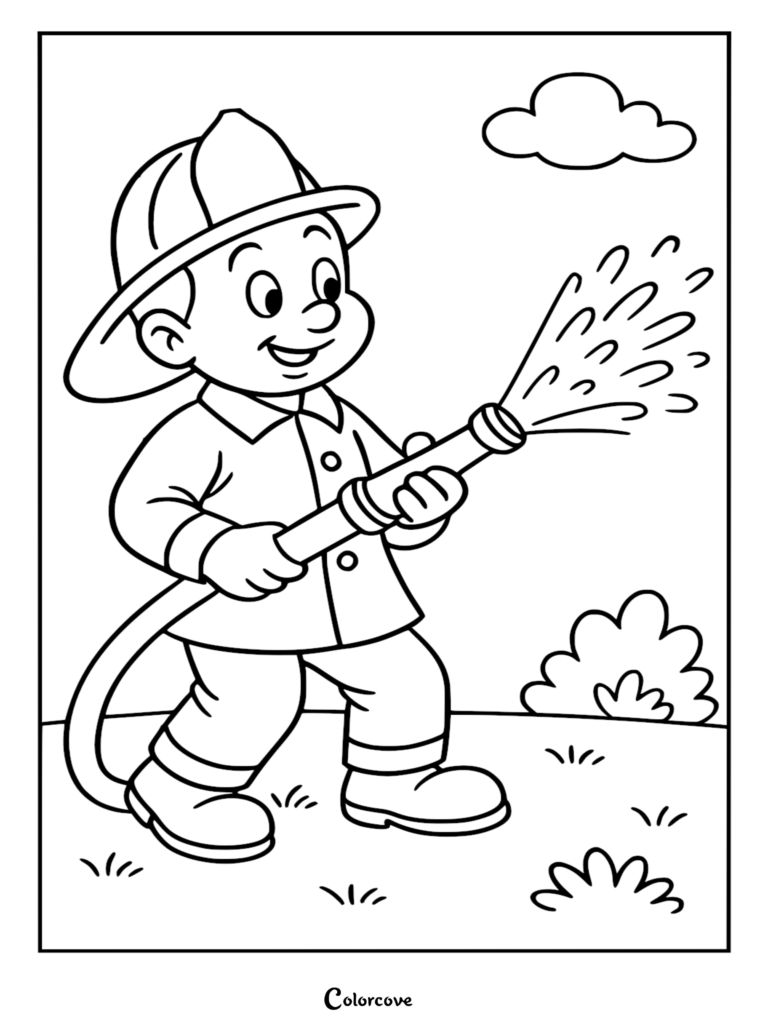 A smiling young firefighter in a helmet holding a water hose, featured in a simple line art coloring page.