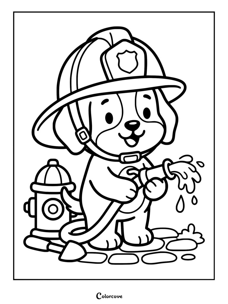 puppy firefighter sprays water from a fire hose.