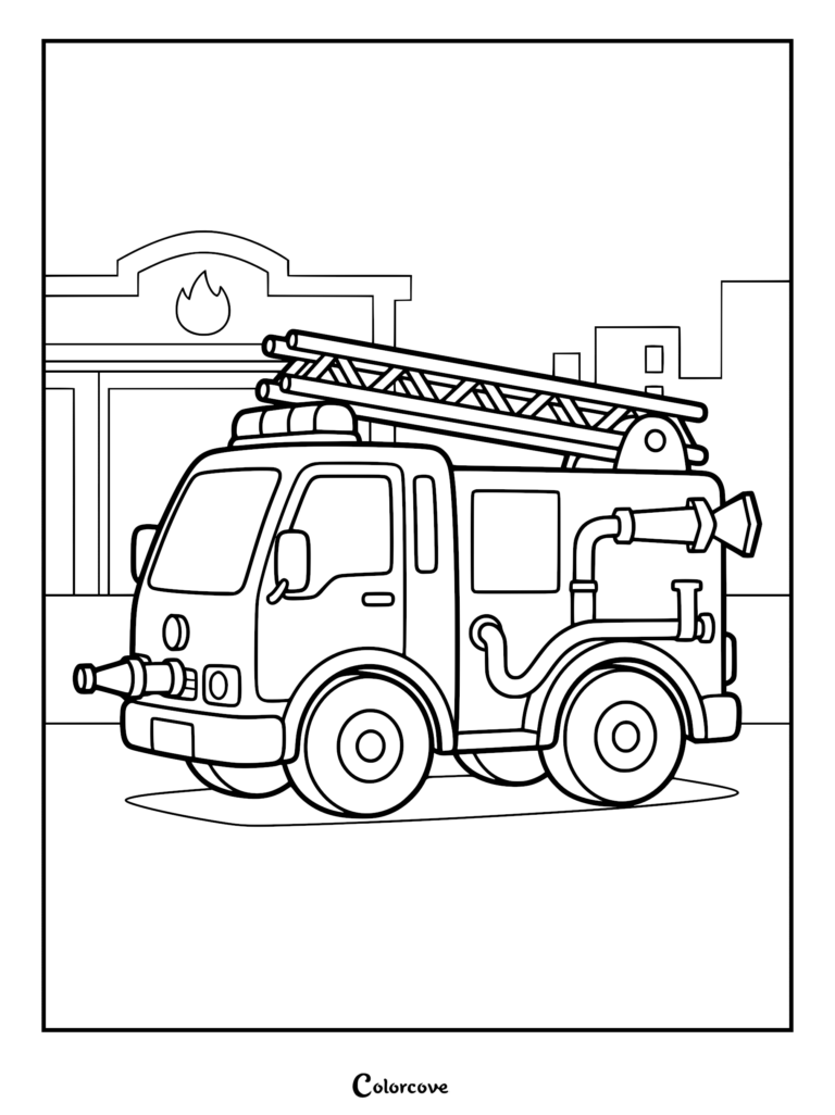 A cute fire truck with a ladder on top parked in front of a fire station in this printable coloring page.