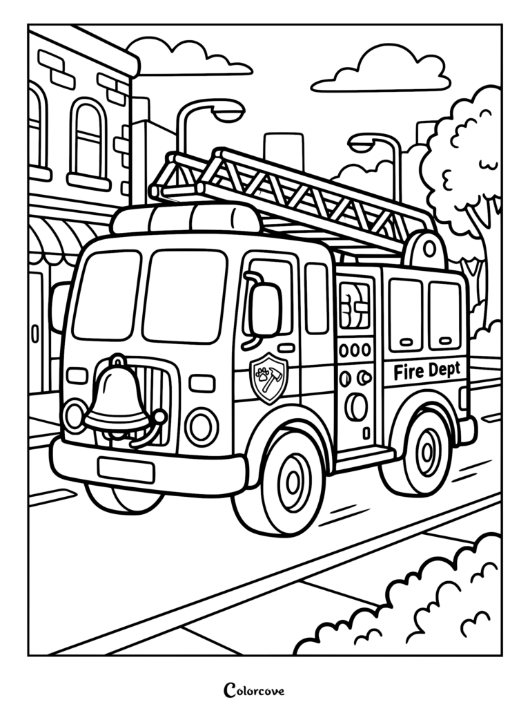 Marshall from PAW Patrol driving his red fire truck with a ladder and paw print badge on a city street coloring page.