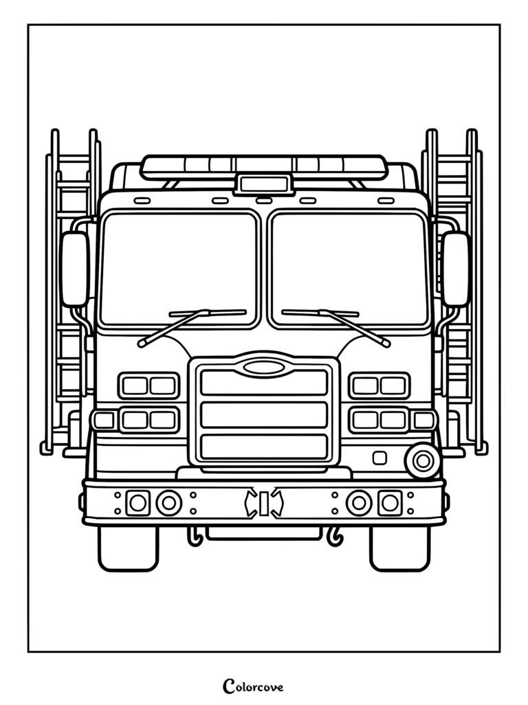 A front view coloring page of a fire truck featuring large windshields, side-mounted ladders, and a detailed bumper.