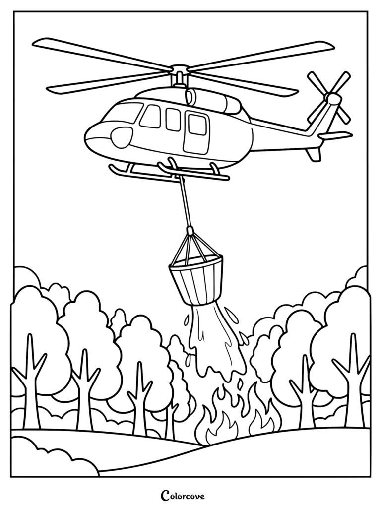A line art coloring page showing a firefighting helicopter dropping water from a bucket onto a forest fire.