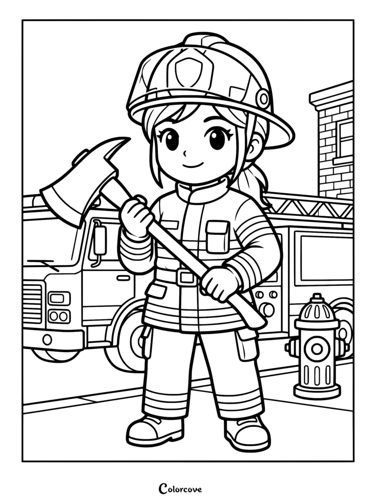 A cute female firefighter holding an axe in front of a fire truck and hydrant, detailed line art coloring page.