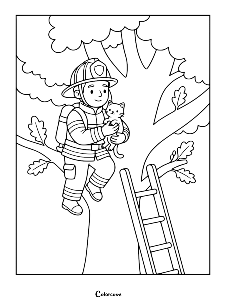 A friendly firefighter in full gear holding a small kitten in a tree next to a ladder, line art coloring page.