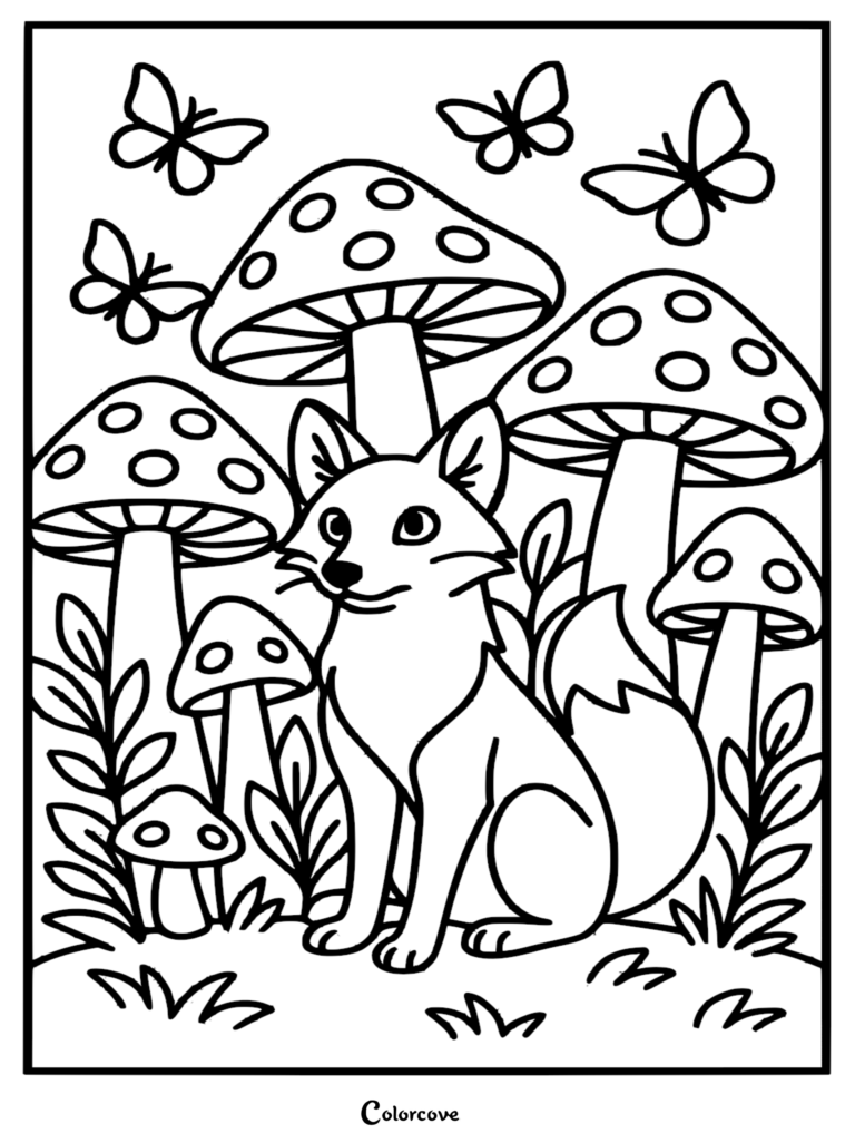 Un mignon renard assis dans une scène boisée avec des champignons tachetés et des papillons virevoltants sur une page de coloriage à imprimer.