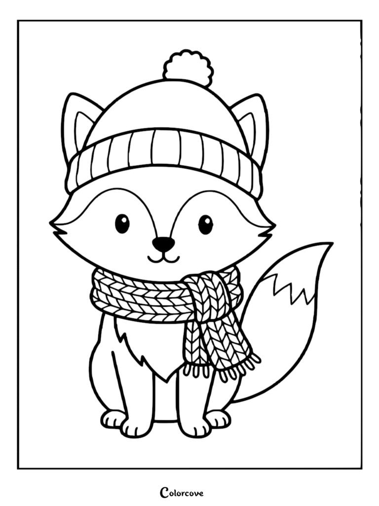 Page de coloriage d'un adorable renard représentant un petit renard portant un bonnet à pompon et une écharpe tressée confortable.