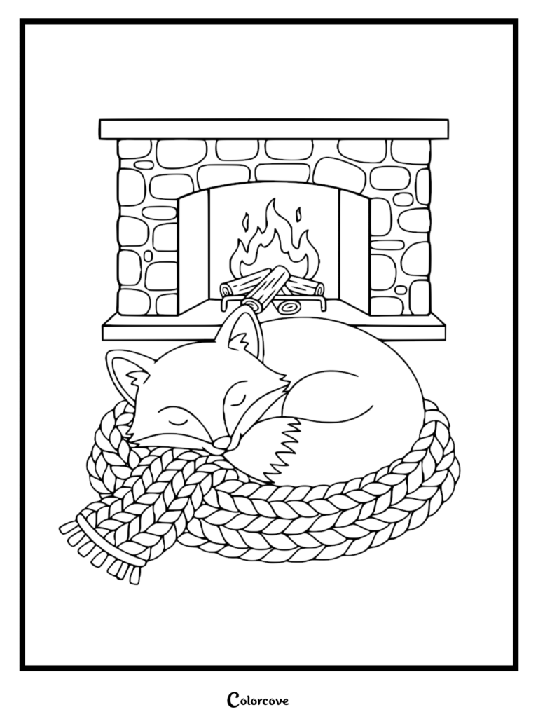 Un renard mignon en bulle endormi à l'intérieur d'une épaisse écharpe tricotée devant une cheminée en pierre, page de coloriage au trait.