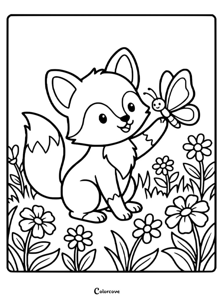 Un mignon renard assis dans un pré de marguerites, tenant un papillon amical sur sa patte, page de coloriage en noir et blanc.