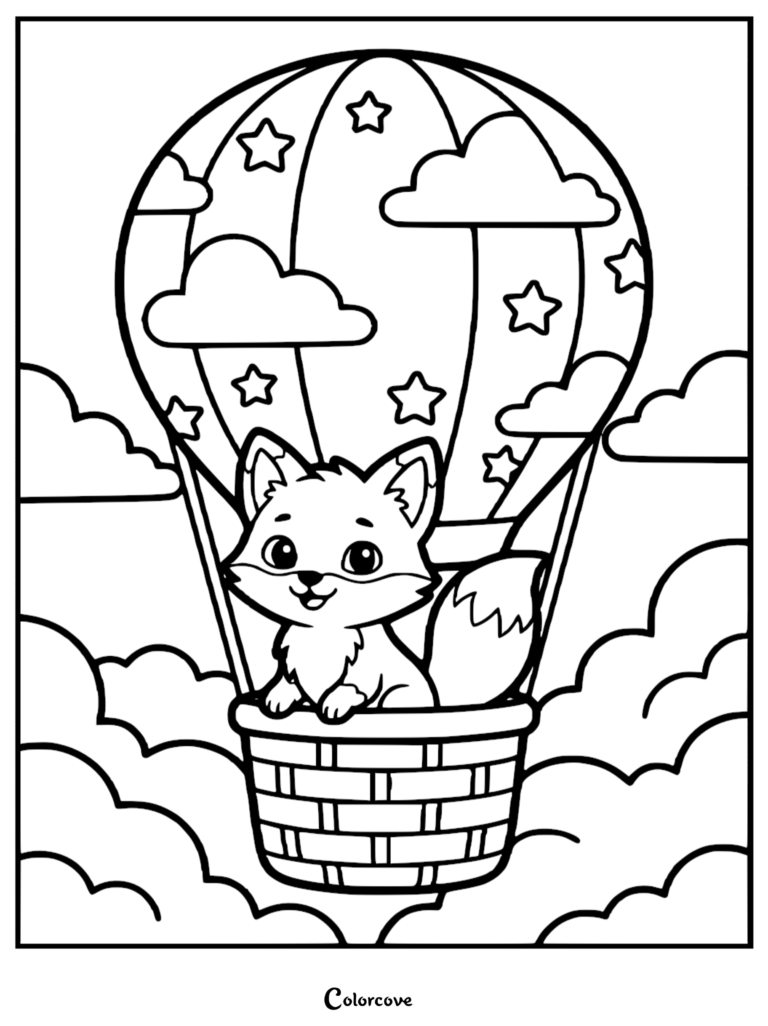 Un mignon renard assis dans le panier en osier d'une montgolfière à motif d'étoiles flottant parmi des nuages duveteux, page de coloriage style art linéaire.