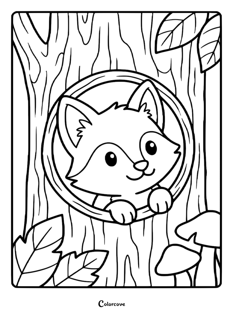 Un mignon renard qui regarde par une cavité ronde dans un vieux tronc d'arbre, page de coloriage avec des feuilles et des champignons.