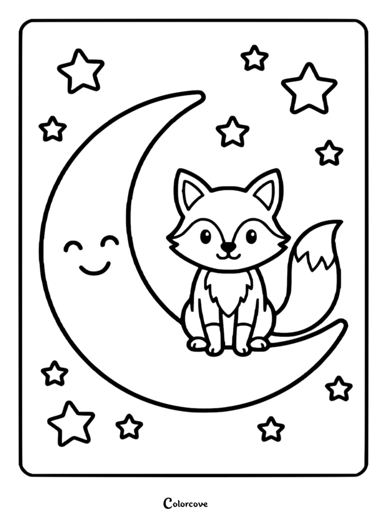Un mignon renard assis sur un croissant de lune souriant entouré d'étoiles scintillantes sur cette page de coloriage à imprimer.