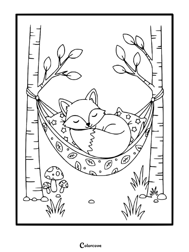 Un renard mignon en bulle endormi paisiblement à l'intérieur d'un hamac à motif de feuilles suspendu entre deux bouleau, avec des oreillers en forme d'étoile, des champignons et de l'herbe dans une page de coloriage de forêt.