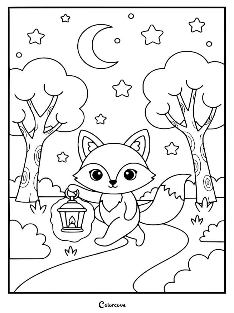 Un mignon renard tenant une lanterne lumineuse tout en marchant sur un sentier forestier sous un ciel de nuit étoilée, page de coloriage.