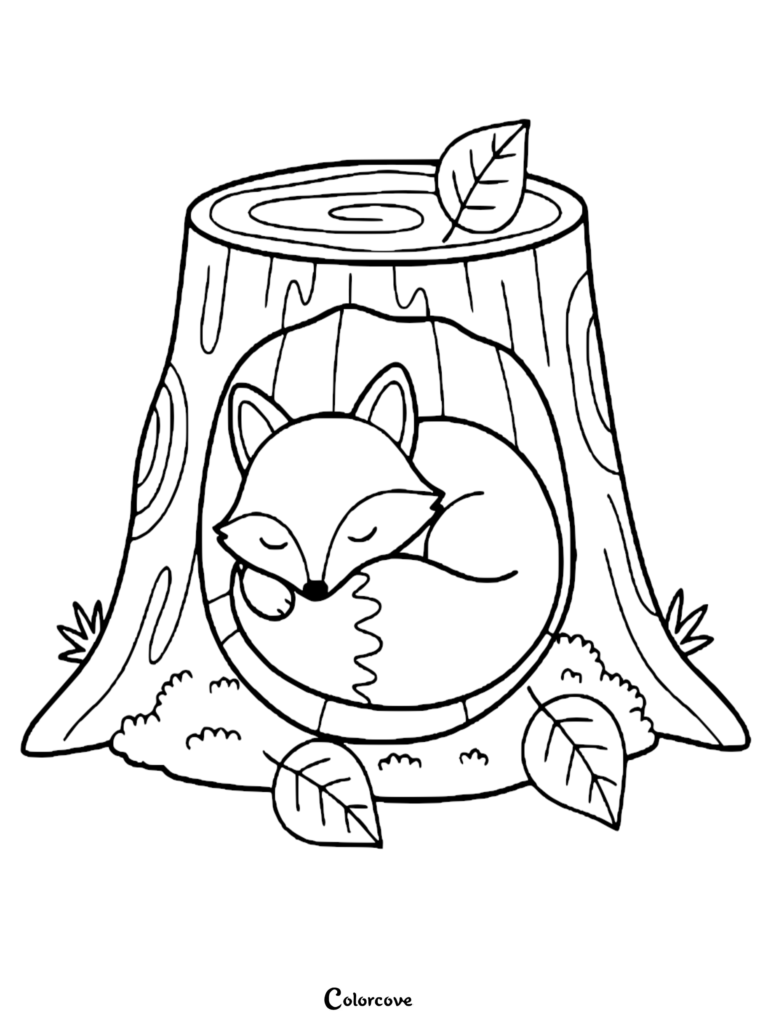 Un renard mignon en bulle endormi à l'intérieur d'une souche d'arbre creuse, illustré comme une page de coloriage à imprimer avec des feuilles mortes sur l'herbe.
