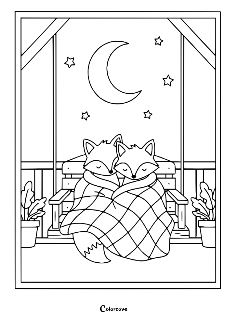 Page de coloriage d'une scène nocturne représentant un couple de renards mignons se blottissant sous une couverture à carreaux sur une balancelle de porche en bois sous un croissant de lune.