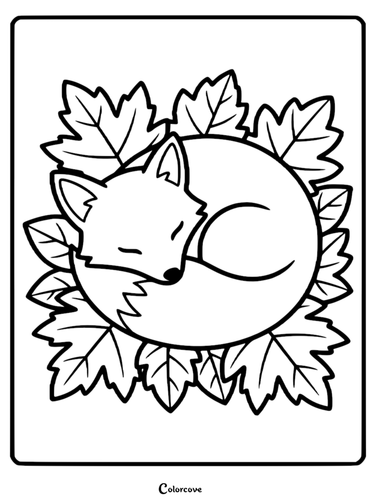 Une page de coloriage simple représentant un renard mignon en bulle endormi au milieu d'une bordure de feuilles d'érable d'automne.
