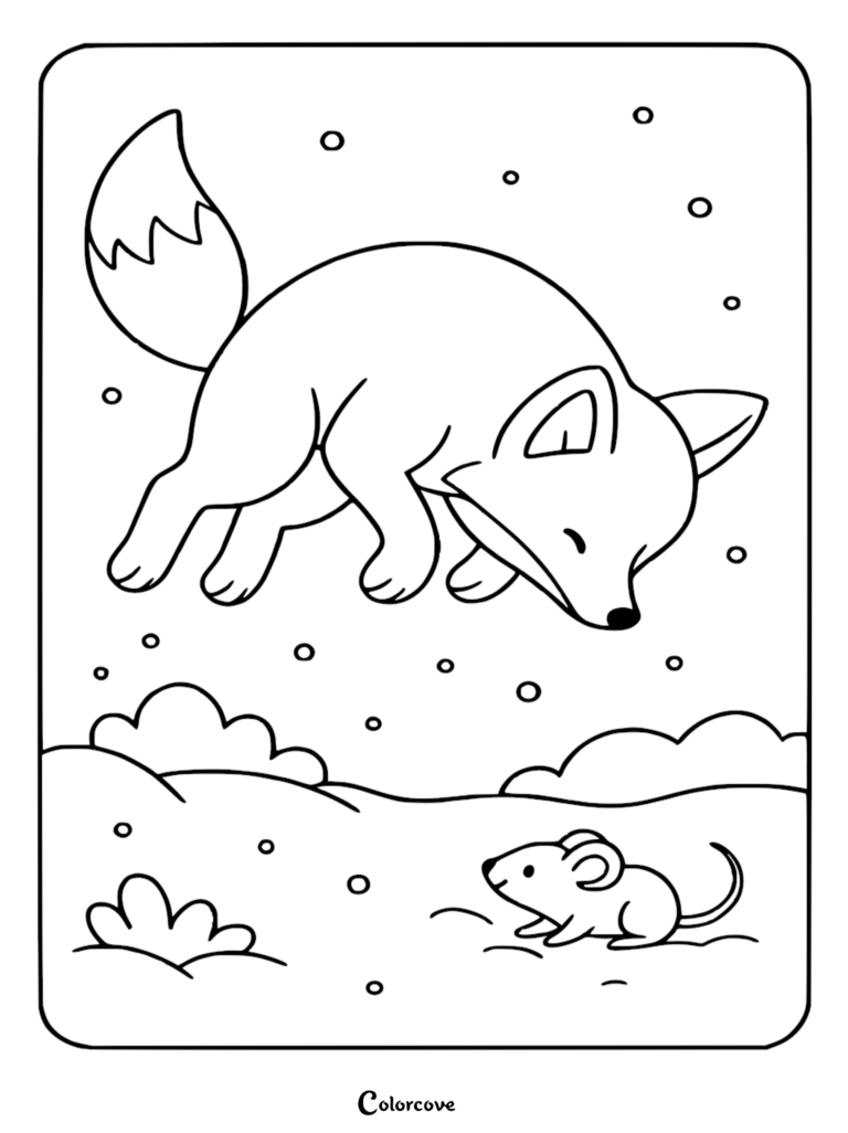 Un adorable renard bondissant vers une petite souris dans un paysage enneigé, avec des flocons de neige qui tombent et des contours simples sur cette page de coloriage à imprimer.