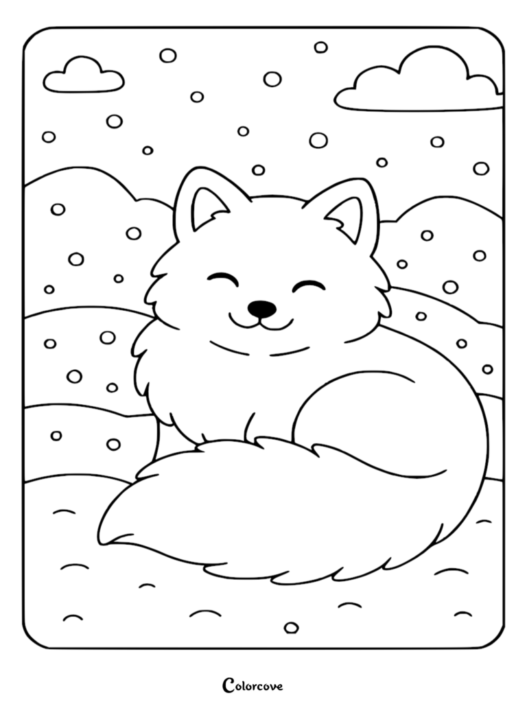Un adorable renard assis joyeusement à l'extérieur sous une douce chute de neige avec des nuages, présenté comme une page de coloriage au trait de haute qualité.