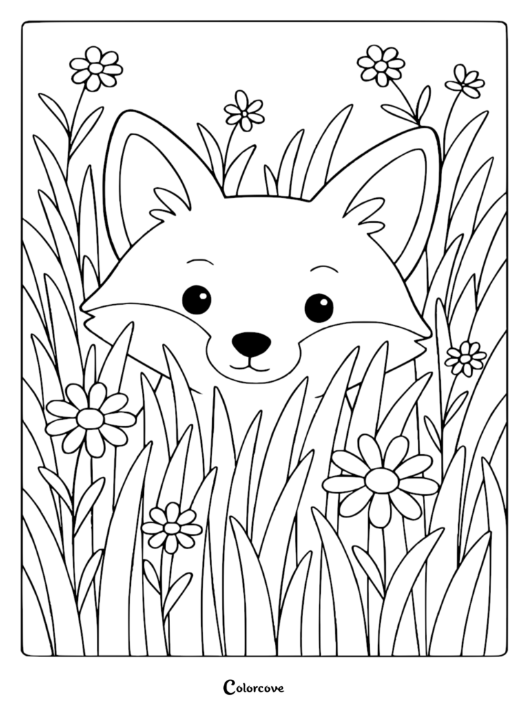 Une jolie tête de renard amicale qui dépasse derrière de hautes herbes des prés et des marguerites sur cette page de coloriage à imprimer.