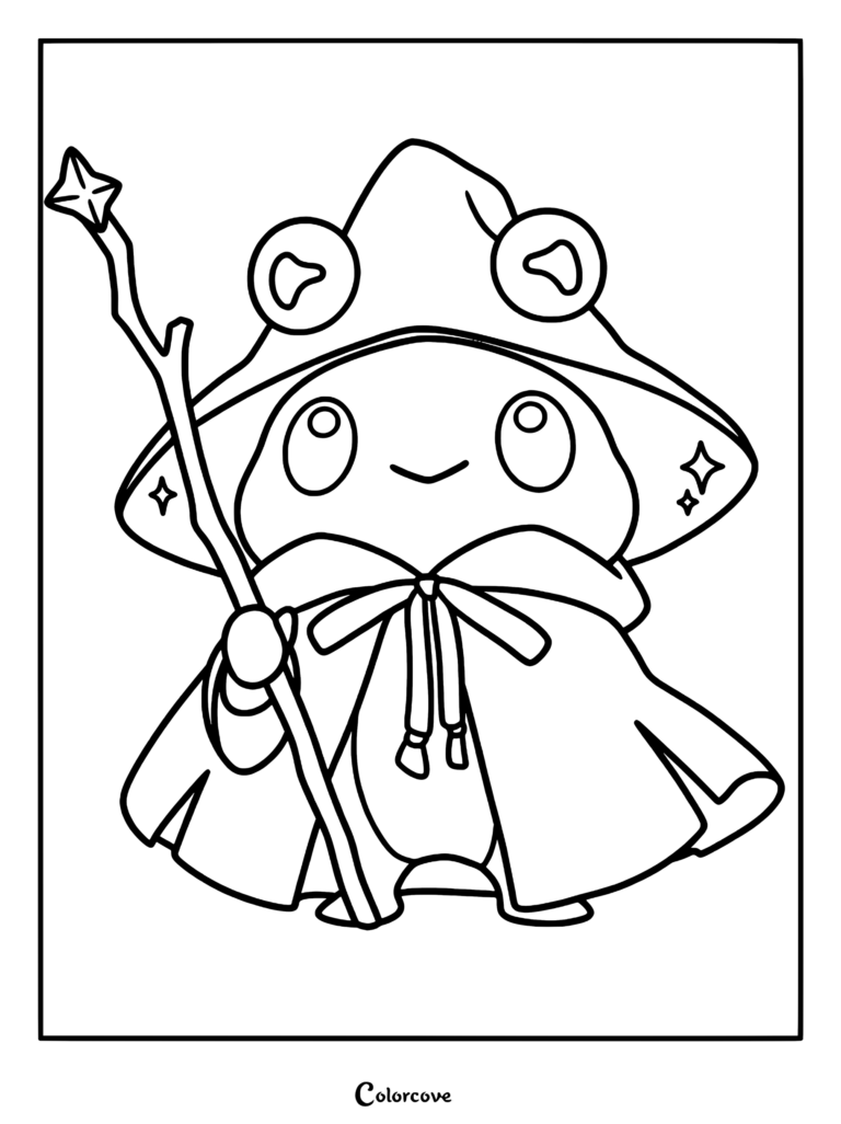 A cute frog wearing a wizard hat and cape holding a magic staff in this printable coloring page.