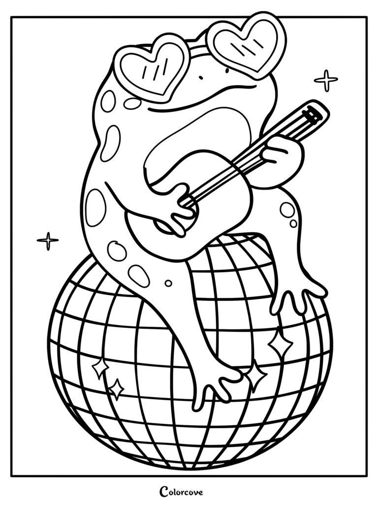 A cute frog wearing heart-shaped sunglasses playing a guitar while sitting on a disco ball in this printable coloring page.