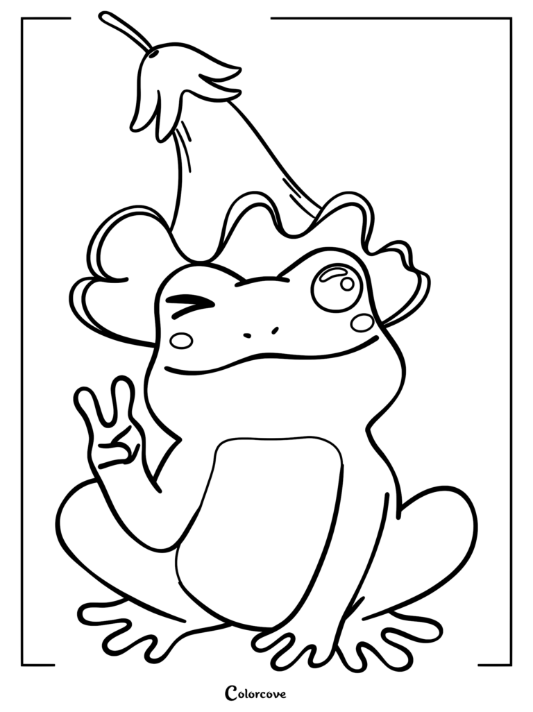A cute frog wearing a flower hat and making a peace sign, coloring page line art.