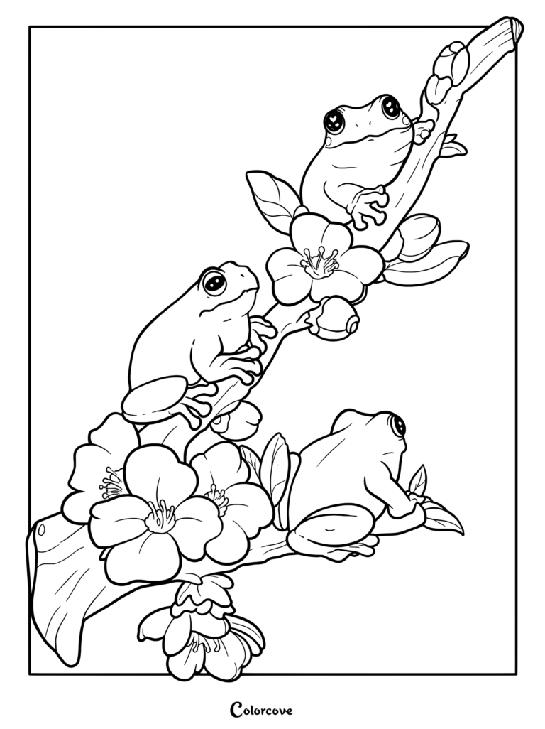 Three cute frogs resting on a cherry blossom branch in this printable coloring page.