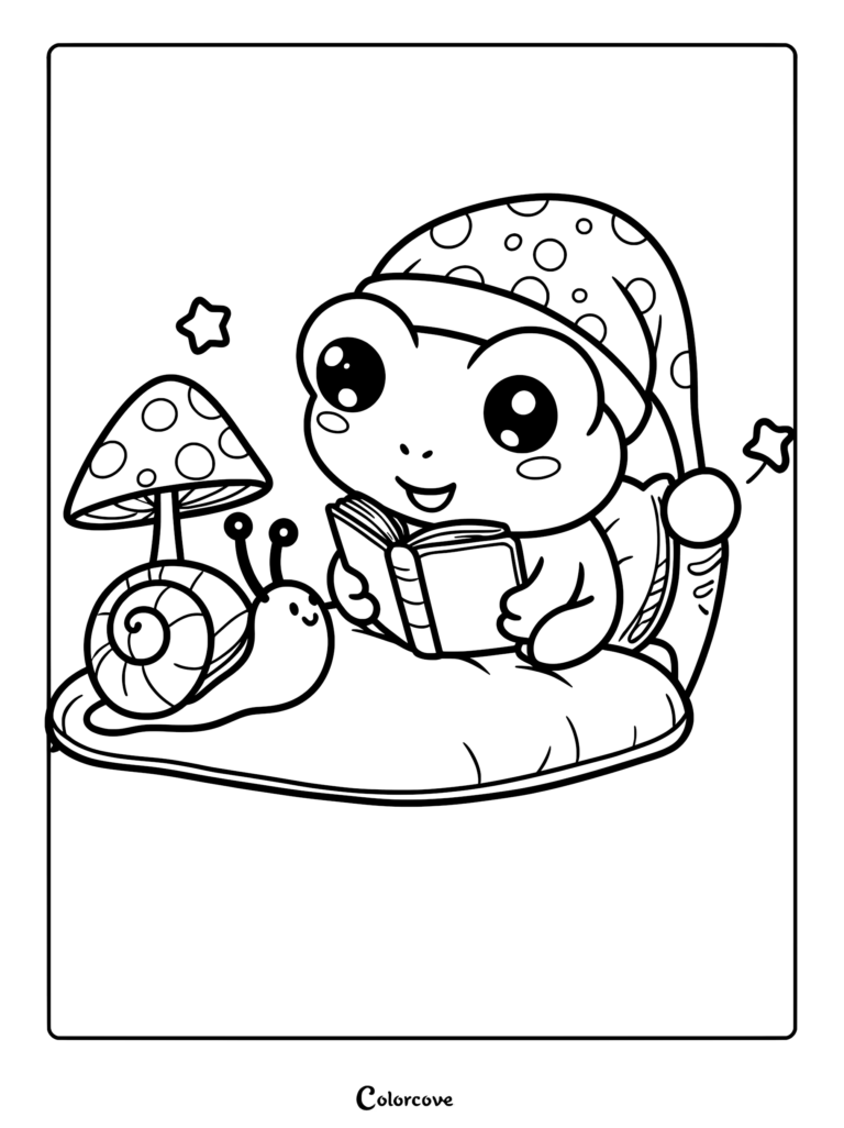 Cute frog in a nightcap reading a book next to a snail on a mushroom coloring page