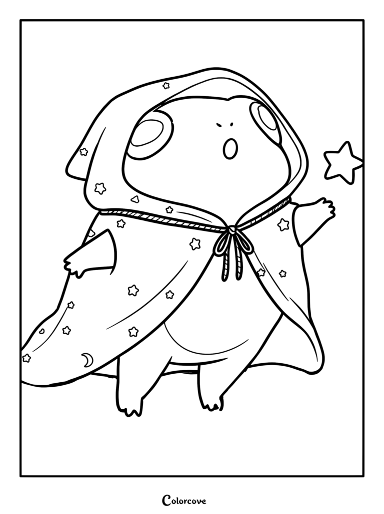 A cute frog wearing a star-patterned hooded cloak reaching for a floating star in this printable coloring page.