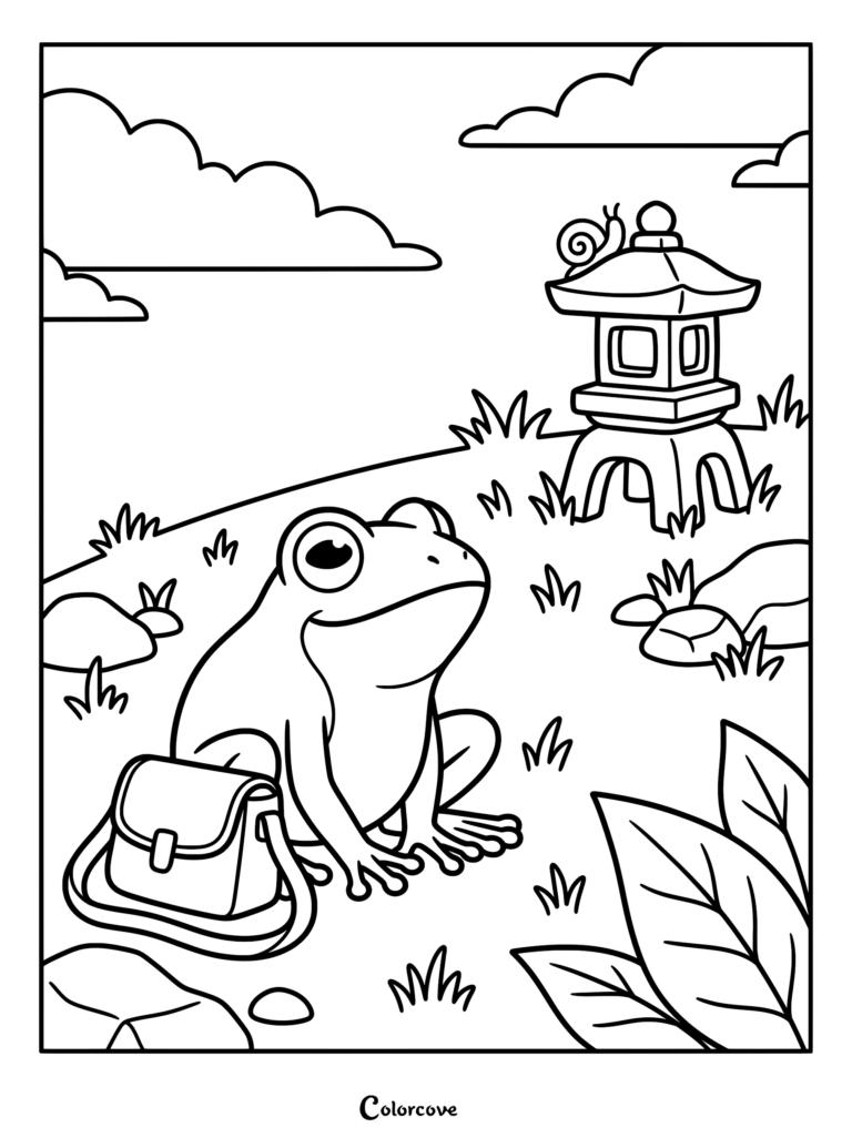 A cute frog wearing a satchel sitting in a garden next to a stone Japanese lantern with a snail on top, printable coloring page.