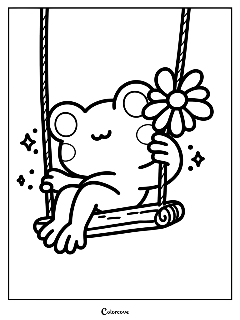 A cute frog holding a daisy while sitting on a swing, line art coloring page.