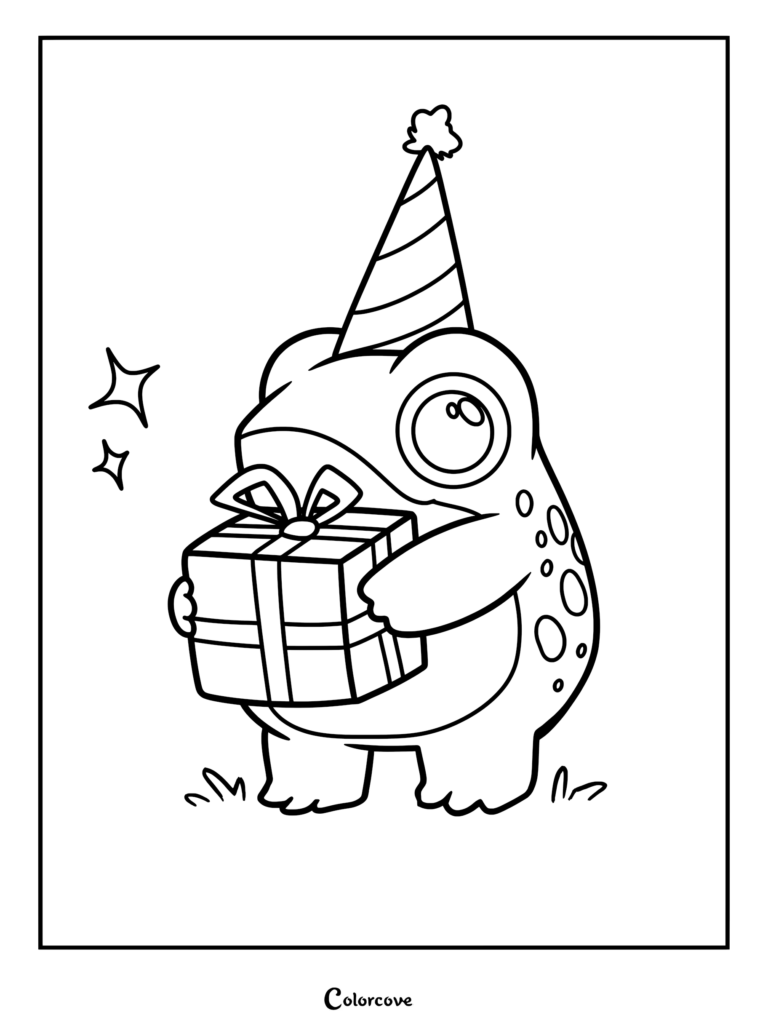 A cute frog wearing a party hat and holding a wrapped gift in this printable coloring page.
