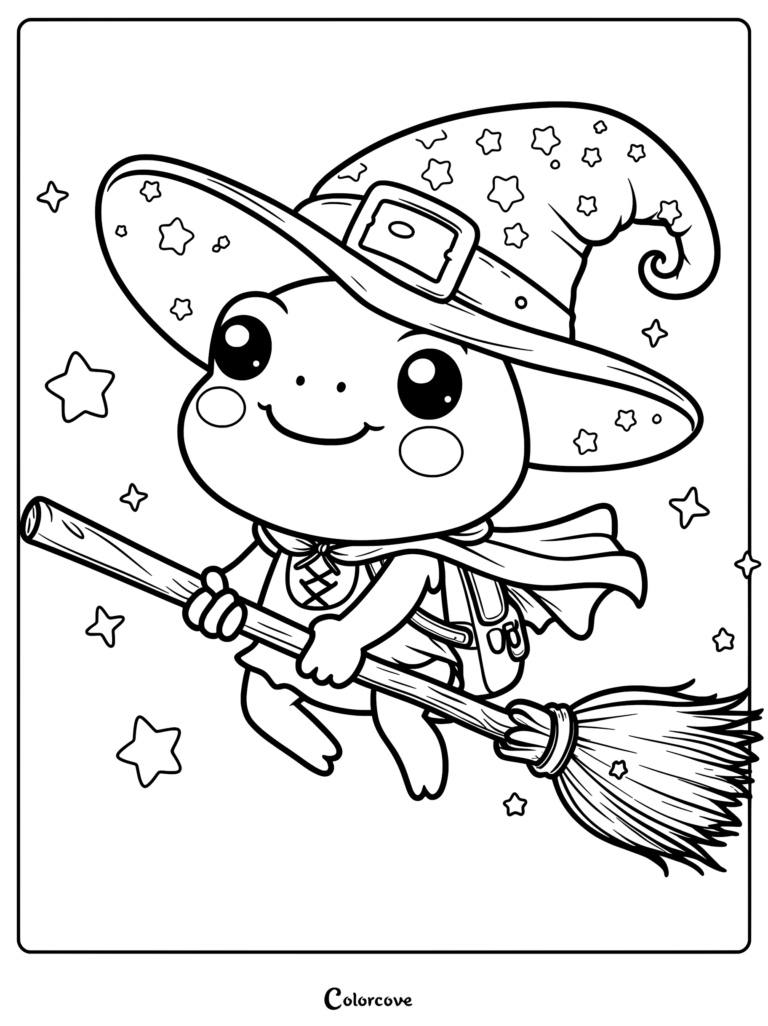 A cute frog wearing a star-patterned witch hat and cape flying on a broomstick, coloring page style line art with floating stars.