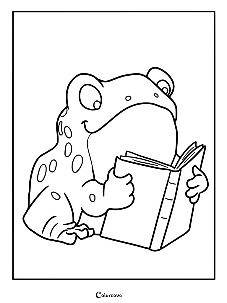 A cute frog with spots sitting and reading an open book in this printable coloring page.
