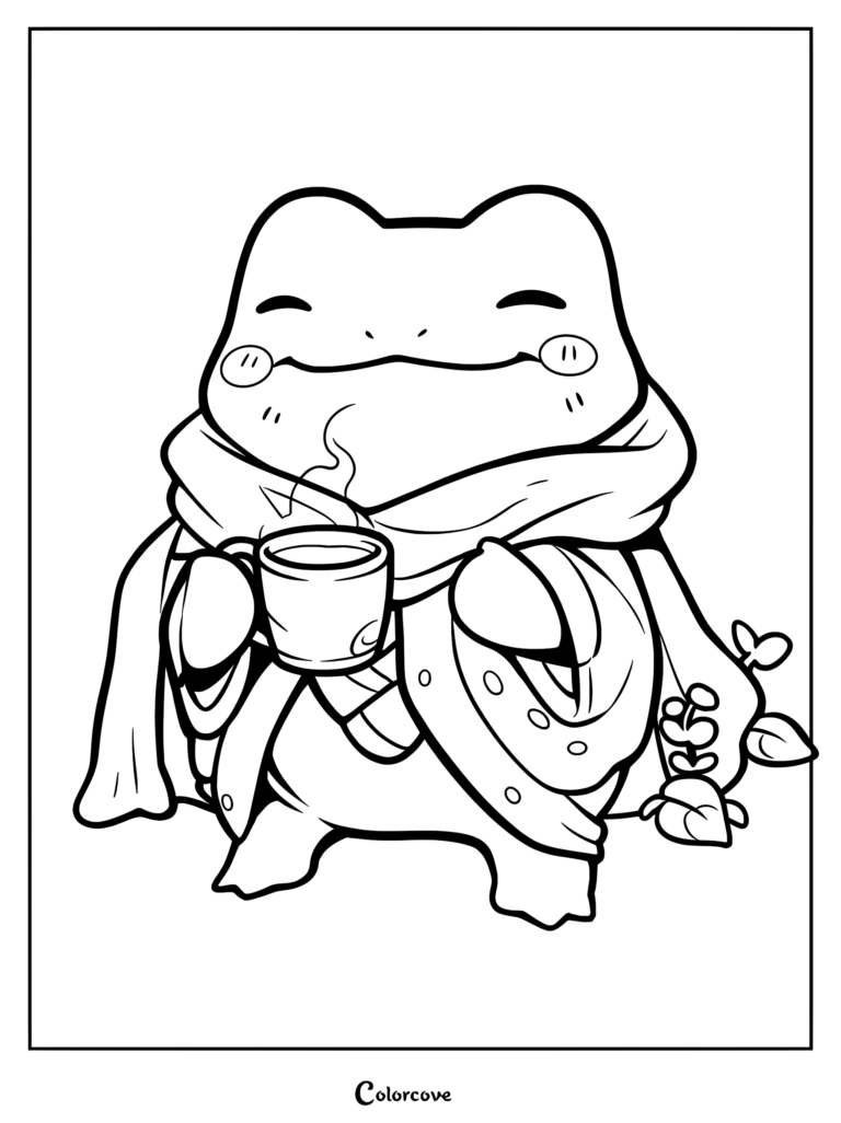 A cute frog wearing a scarf and cloak holding a steaming mug of tea in this printable coloring page.