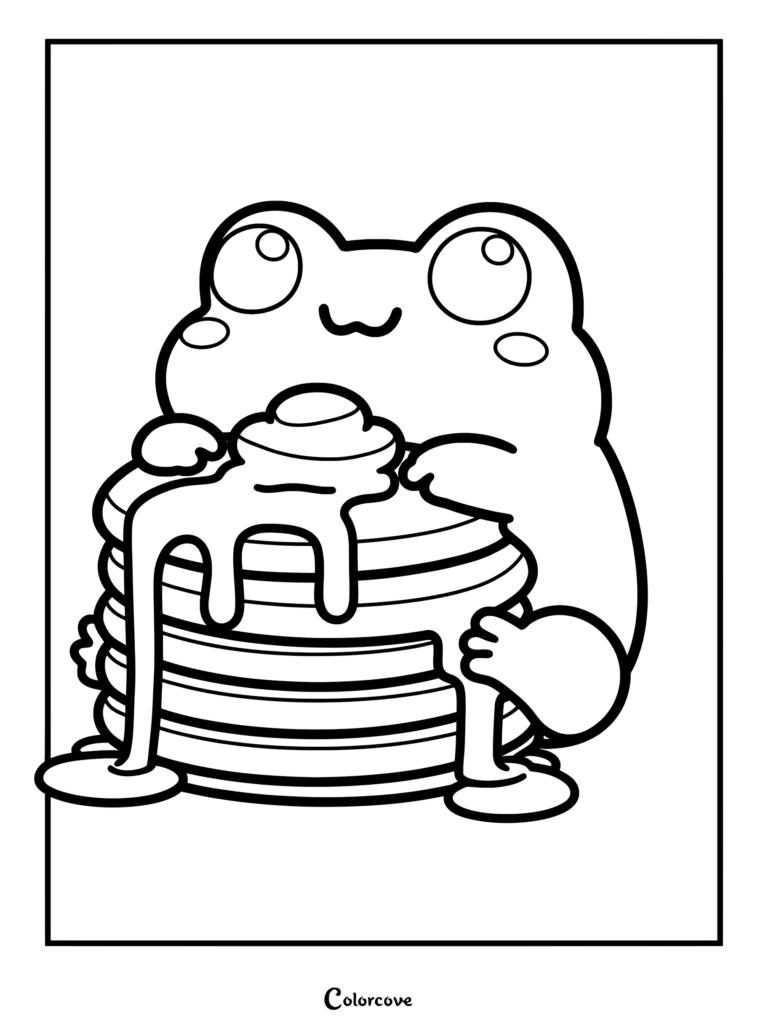 A cute frog sitting and eating a tall stack of pancakes with syrup dripping down in this printable coloring page.