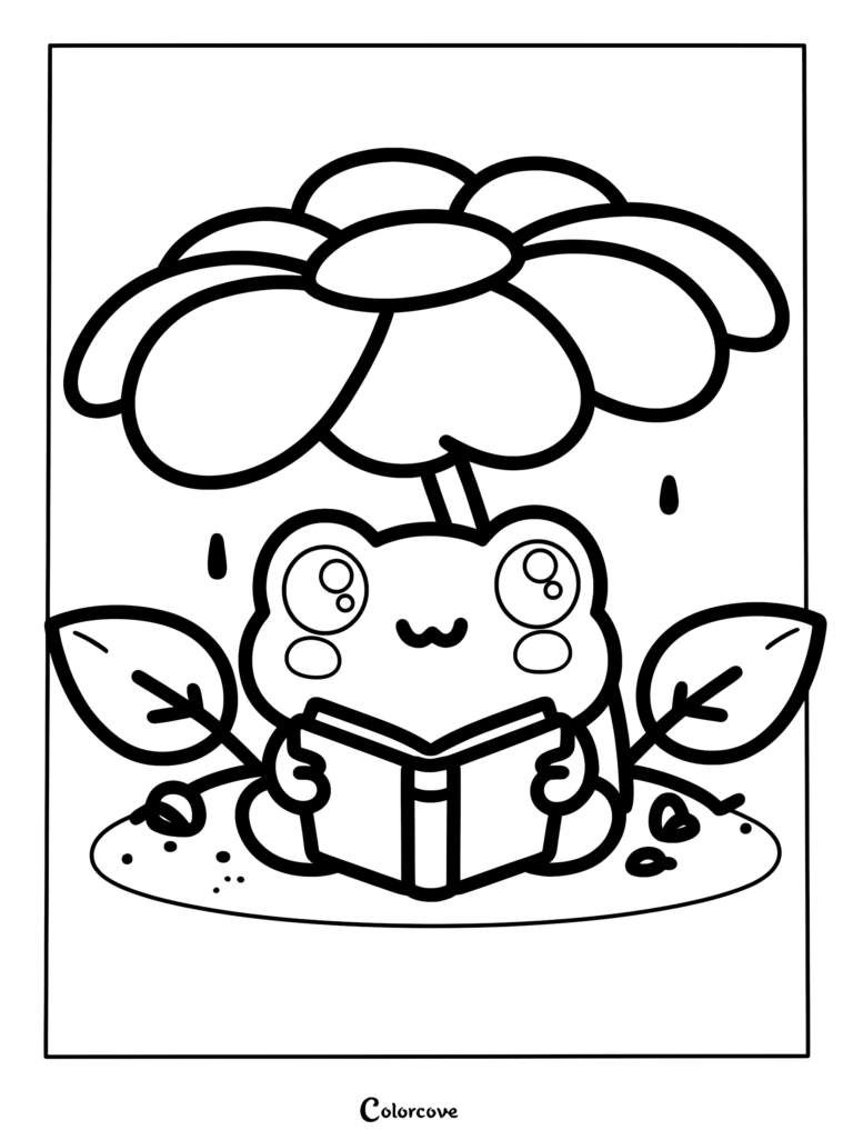 A cute frog reading a book while sitting under a large flower during a light rain shower in this printable coloring page.
