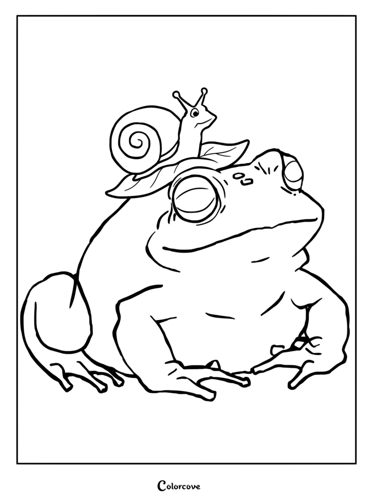 A cute frog with a small snail resting on a leaf atop its head in this printable coloring page.