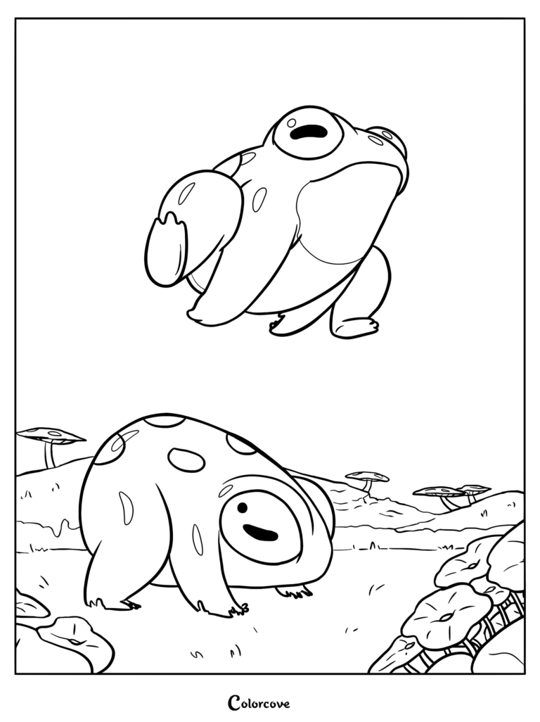 A line art coloring page featuring two cute frogs, one jumping in the air and one walking on a grassy landscape with mushrooms.