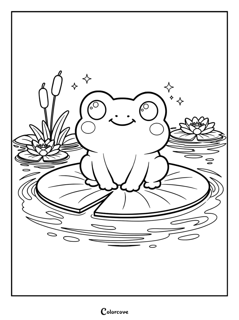 A cute frog sitting on a large lily pad in a pond with water lilies and cattails in this printable coloring page.