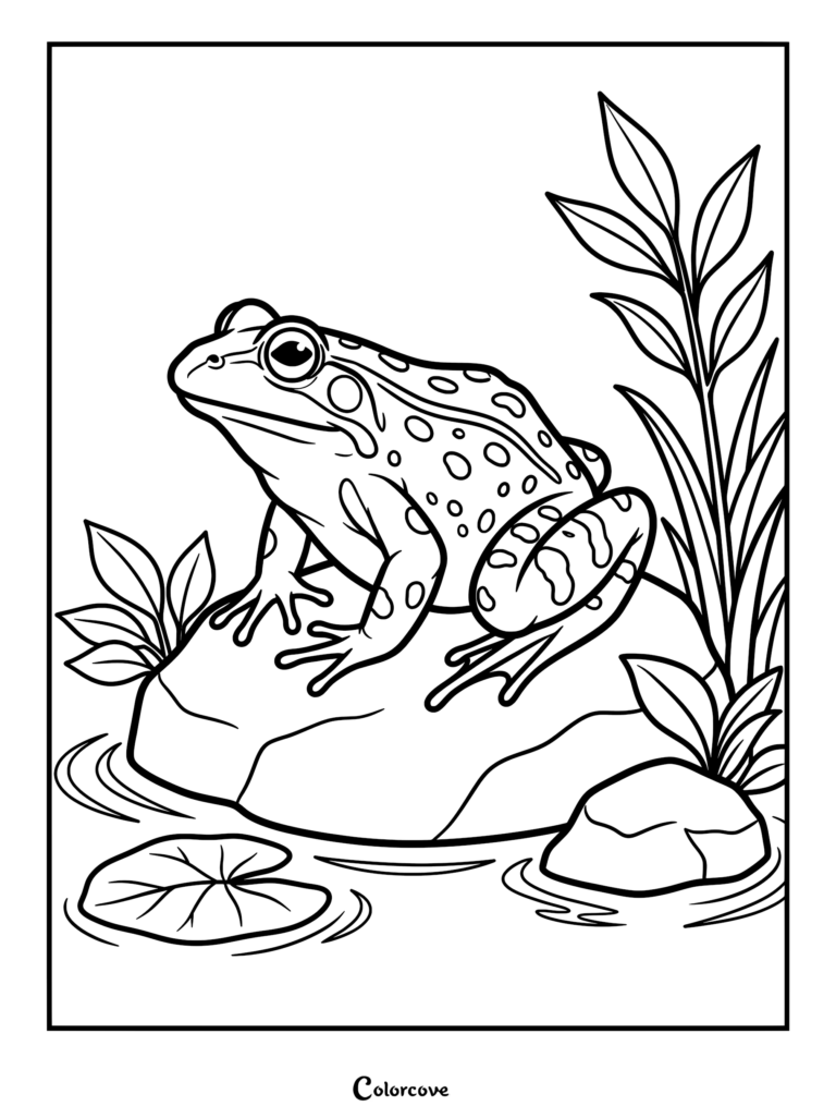 A detailed coloring page of a spotted frog sitting on a rock in a pond with lily pads and reeds.