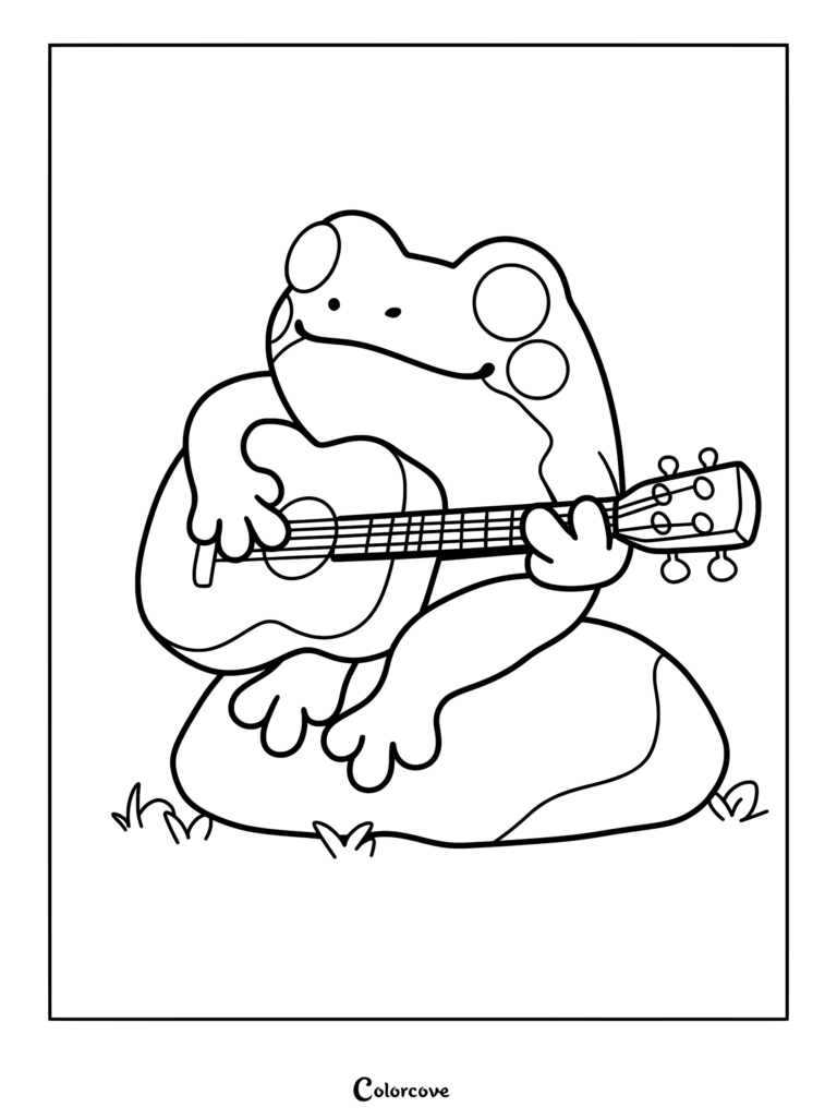 A cute frog sitting on a rock playing an acoustic guitar in this printable coloring page.