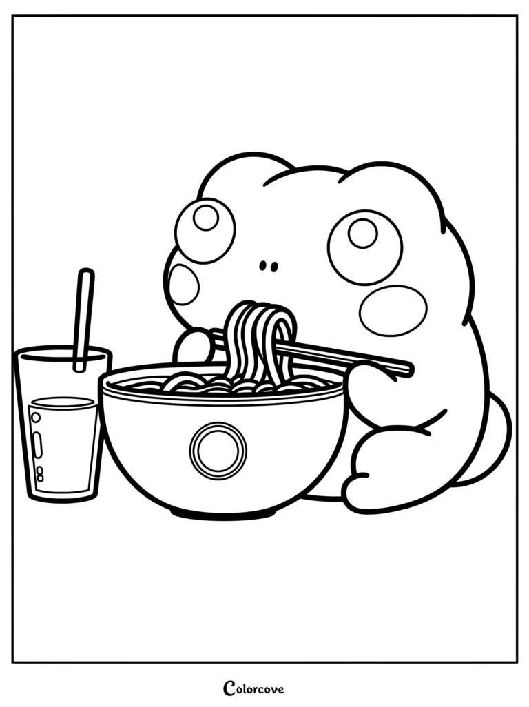 A cute frog character using chopsticks to eat a bowl of ramen next to a glass of water, line art coloring page.