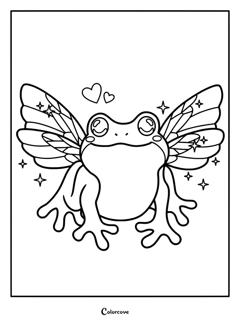 A cute fairy frog with large wings, hearts, and sparkling stars in this printable coloring page.