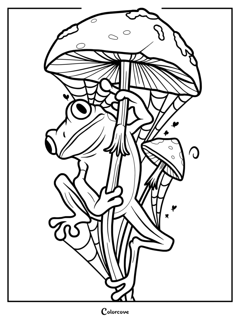 A cute frog holding onto a large mushroom stem in this printable coloring page.