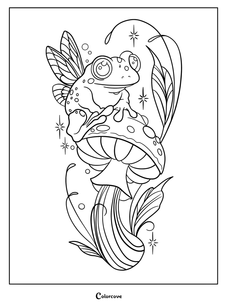 A cute fairy frog with wings sitting on a spotted mushroom in this printable coloring page.